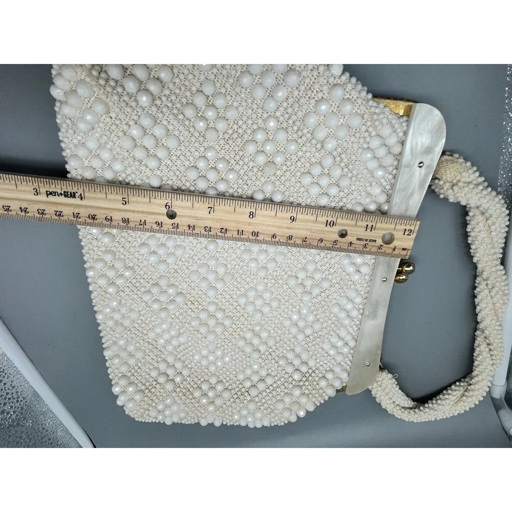 Vintage Beaded Off White Handbag‎ Hong Kong Pearlized Lucite Trim 1960s